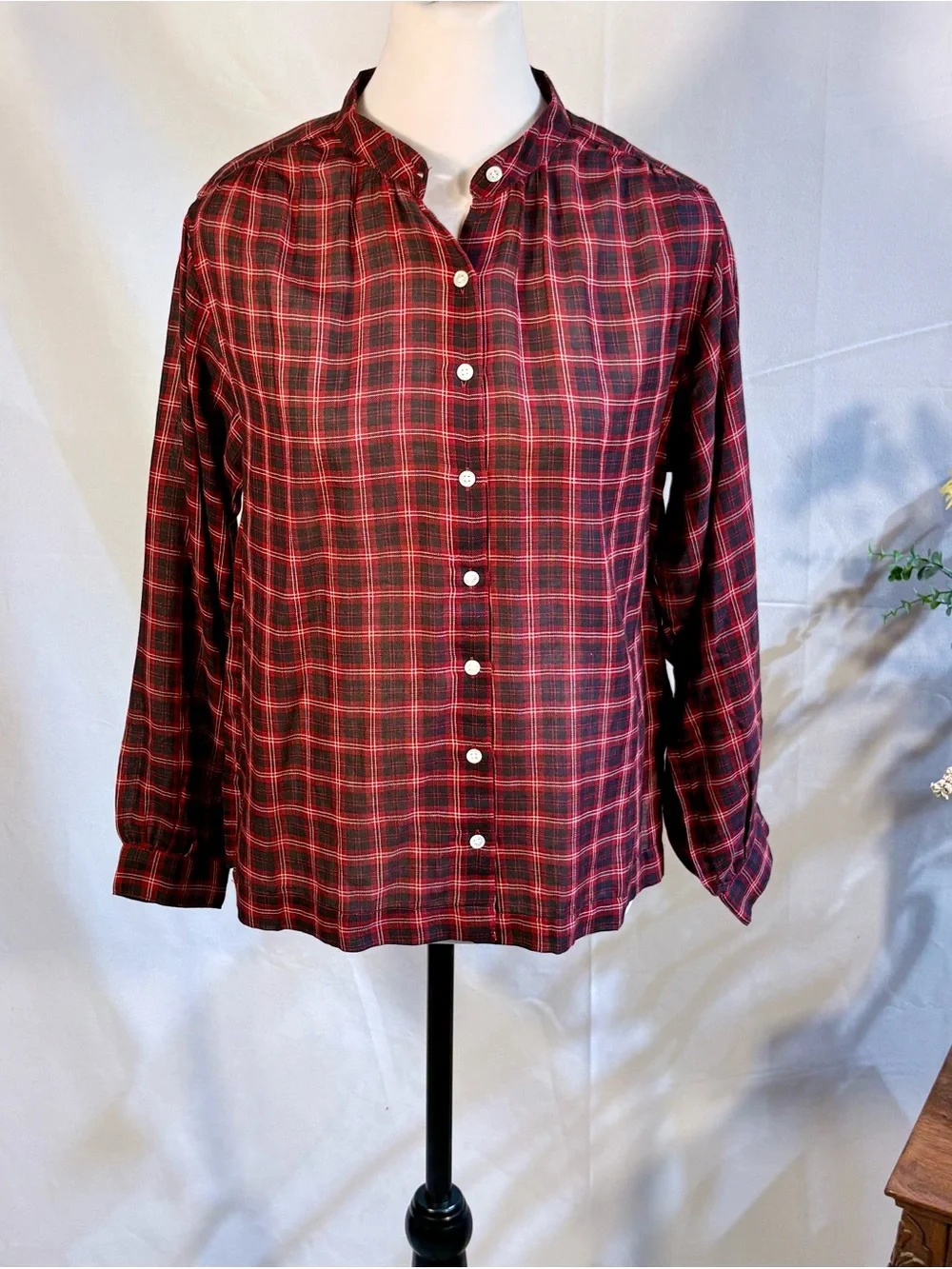 💥DÔEN Breena Top Rouge Countryside Plaid Gathered Blouse Red Black Sz S🧡